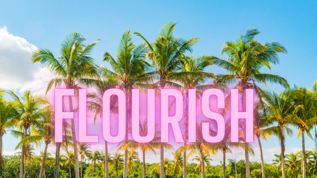 the word flourish imposed over pictures of swaying palm trees